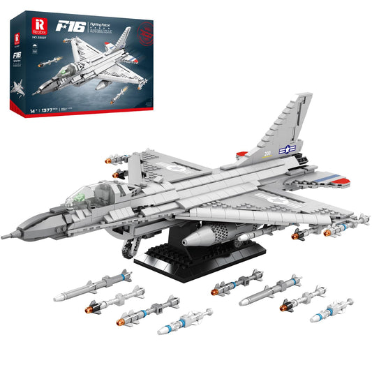 Reobrix F-16 fighter jet model front view with authentic canard and display-ready detail.