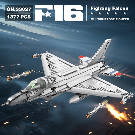 Reobrix F-16 fighter jet model side view highlighting wing and landing gear features.