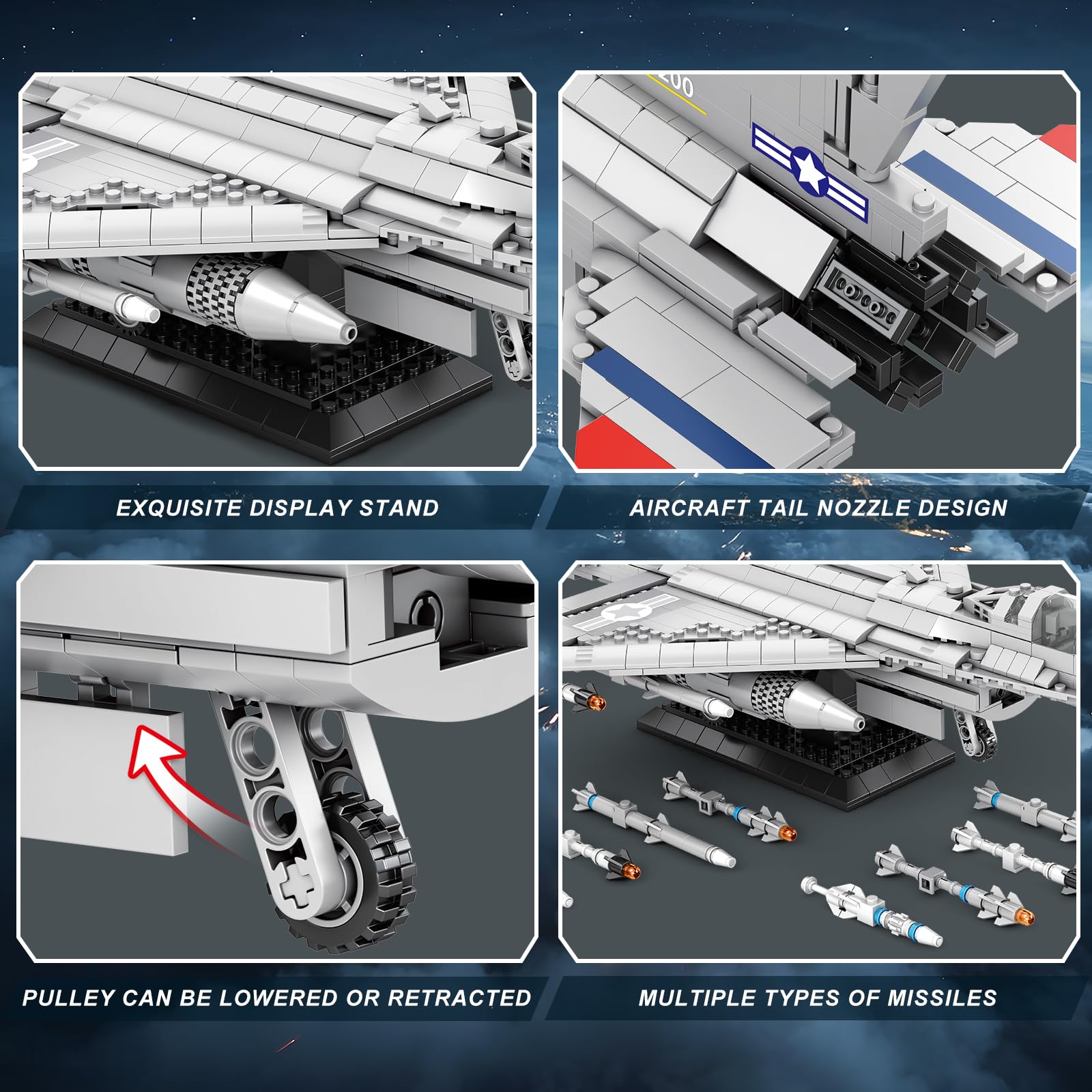 Reobrix F-16 fighter jet model wing assembly view emphasizing modular construction.