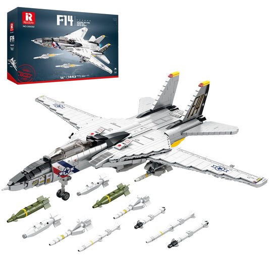 Reobrix F-14 jet assembly kit showing authentic fighter jet silhouette