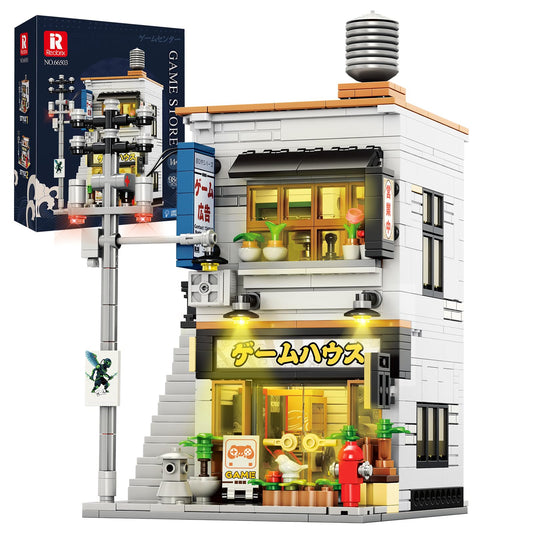 Reobrix Japanese game store blocks with light exterior for a striking desk display