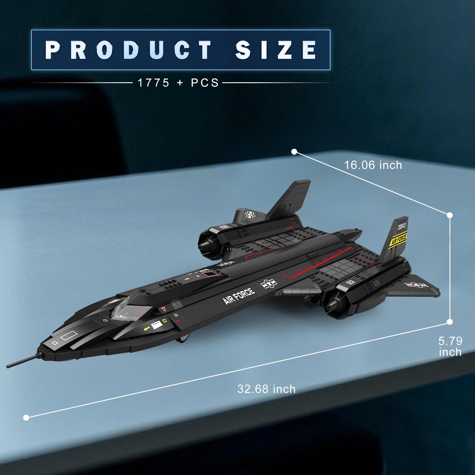 Printed stickers enhance realism on the SR-71 Blackbird building set.