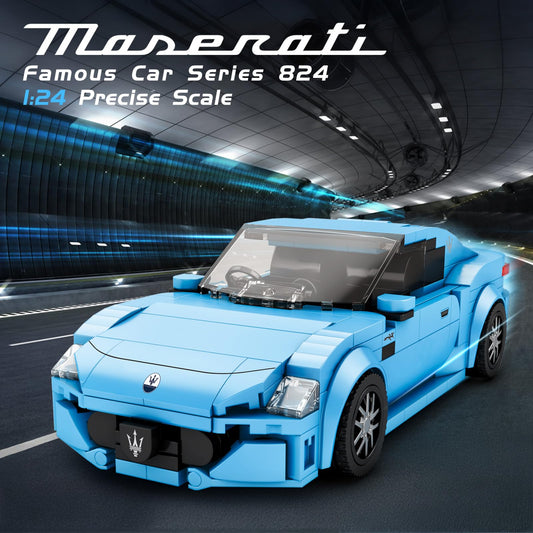 Reobrix blue car model with open hood for interactive display.