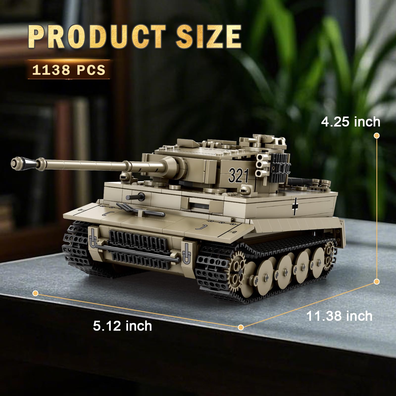 Reobrix Tiger I Tank drive tracks enable smooth movement on sturdy base.