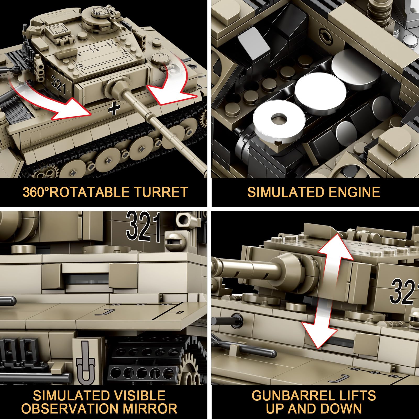 Reobrix Tiger I Tank top turret disassembly highlights quick-access features.