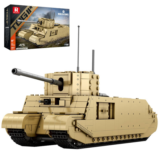 Reobrix TOG2 tank building set front view for display and collection.
