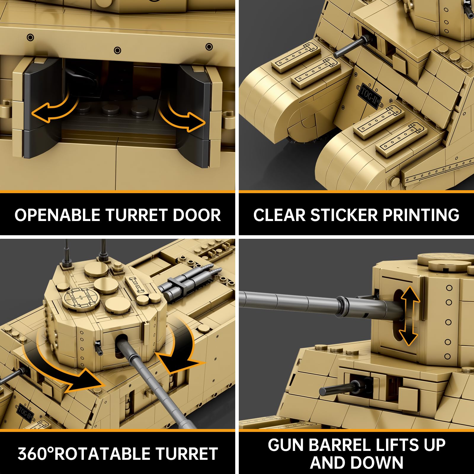 Reobrix TOG2 tank building set top hatch open shows interactive features.