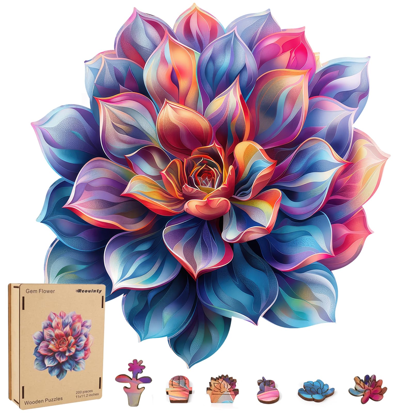 Reouinty flower succulent wooden puzzle with vibrant colors for family night.