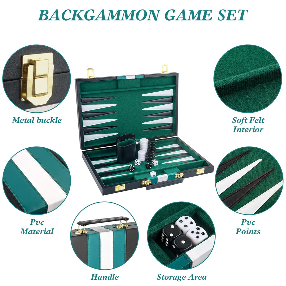 RERIVER backgammon board with chips and dice set for gameplay.