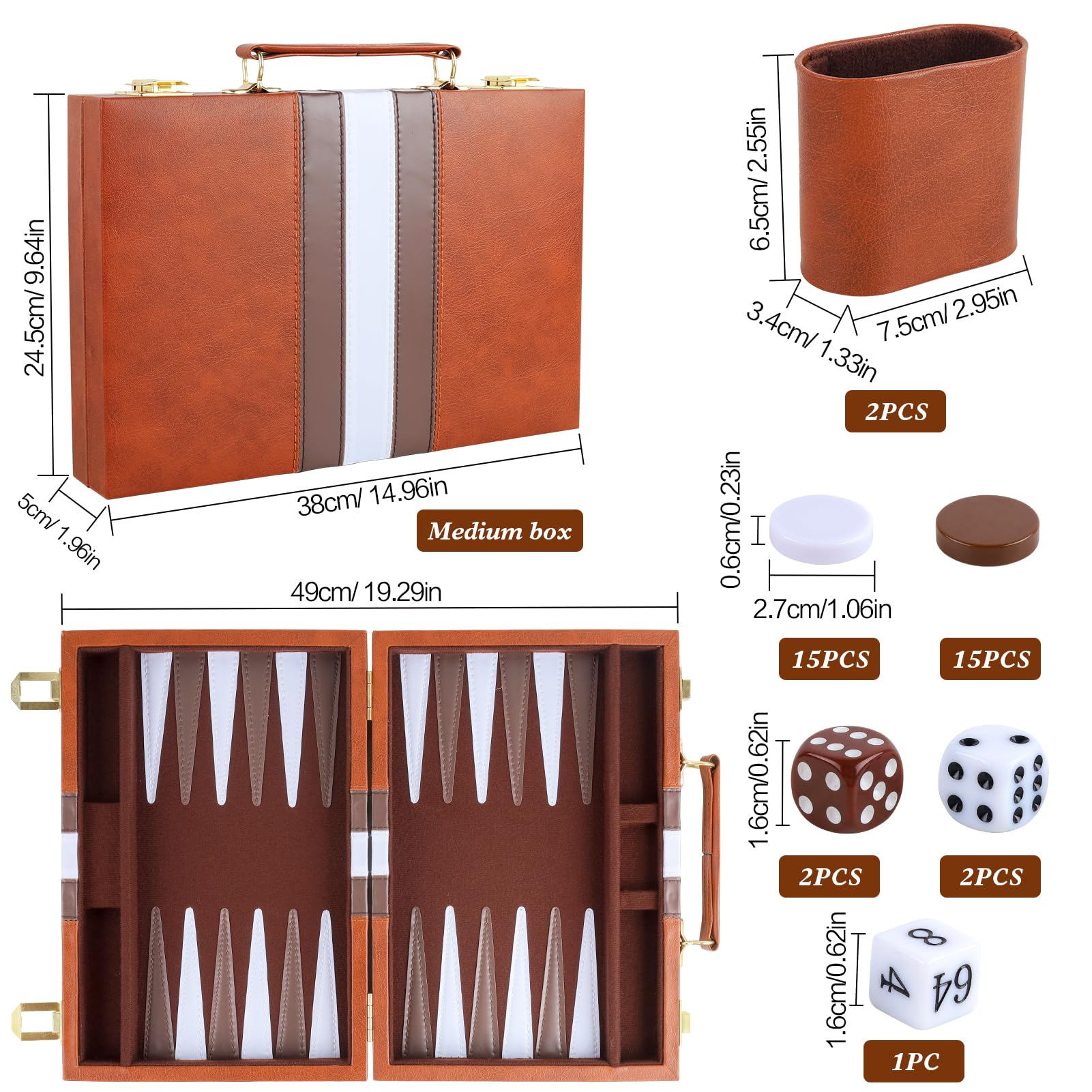 RERIVER Backgammon Set brown felt-lined dice cups reduce noise
