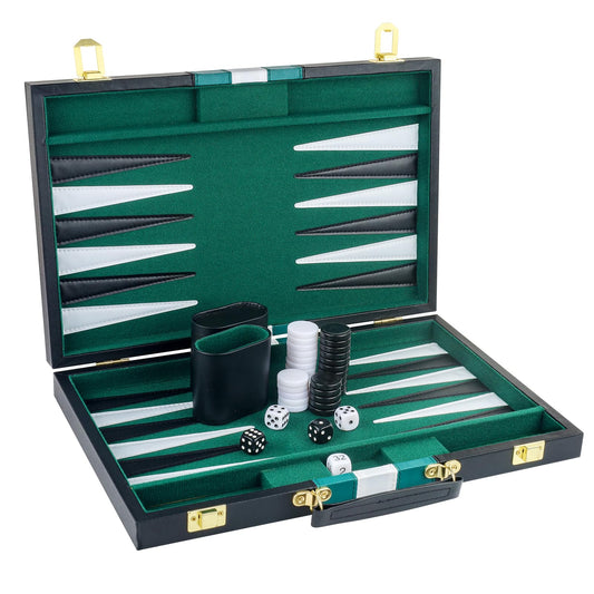 RERIVER backgammon green briefcase with latches and handle for travel.