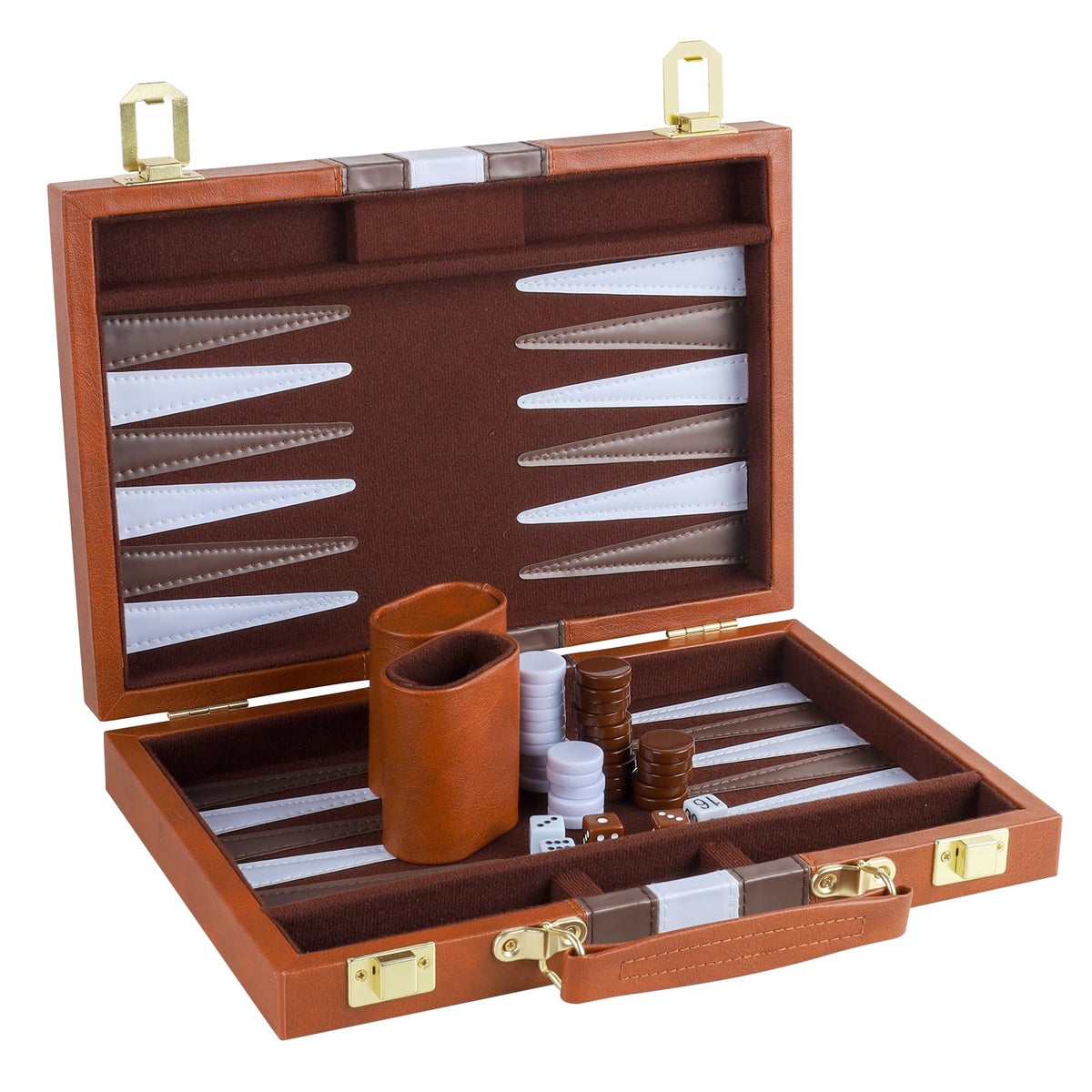 RERIVER Backgammon Set in brown leather case, closed for travel