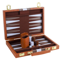 RERIVER Backgammon Set in brown leather case, closed for travel