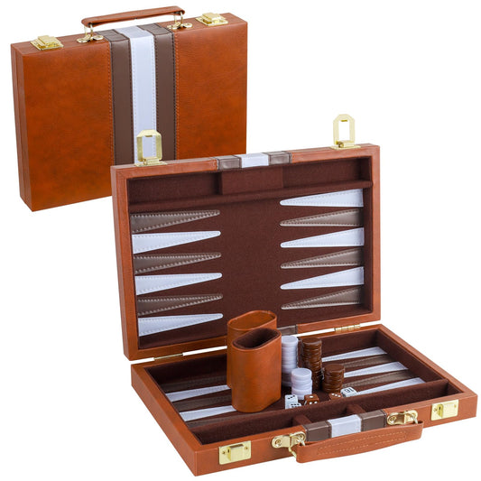 RERIVER Backgammon Set in brown leather case, open for play