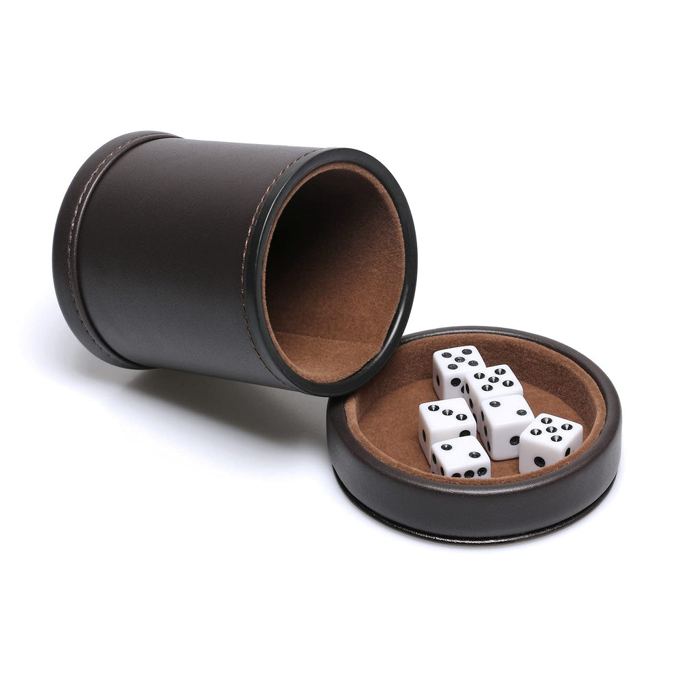 RERIVER PU leather dice cup with lid in dark chocolate, noise-dampening felt interior.