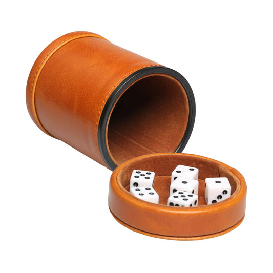 RERIVER leatherette dice cup with lid, brown exterior and velvet interior for quiet rolling.