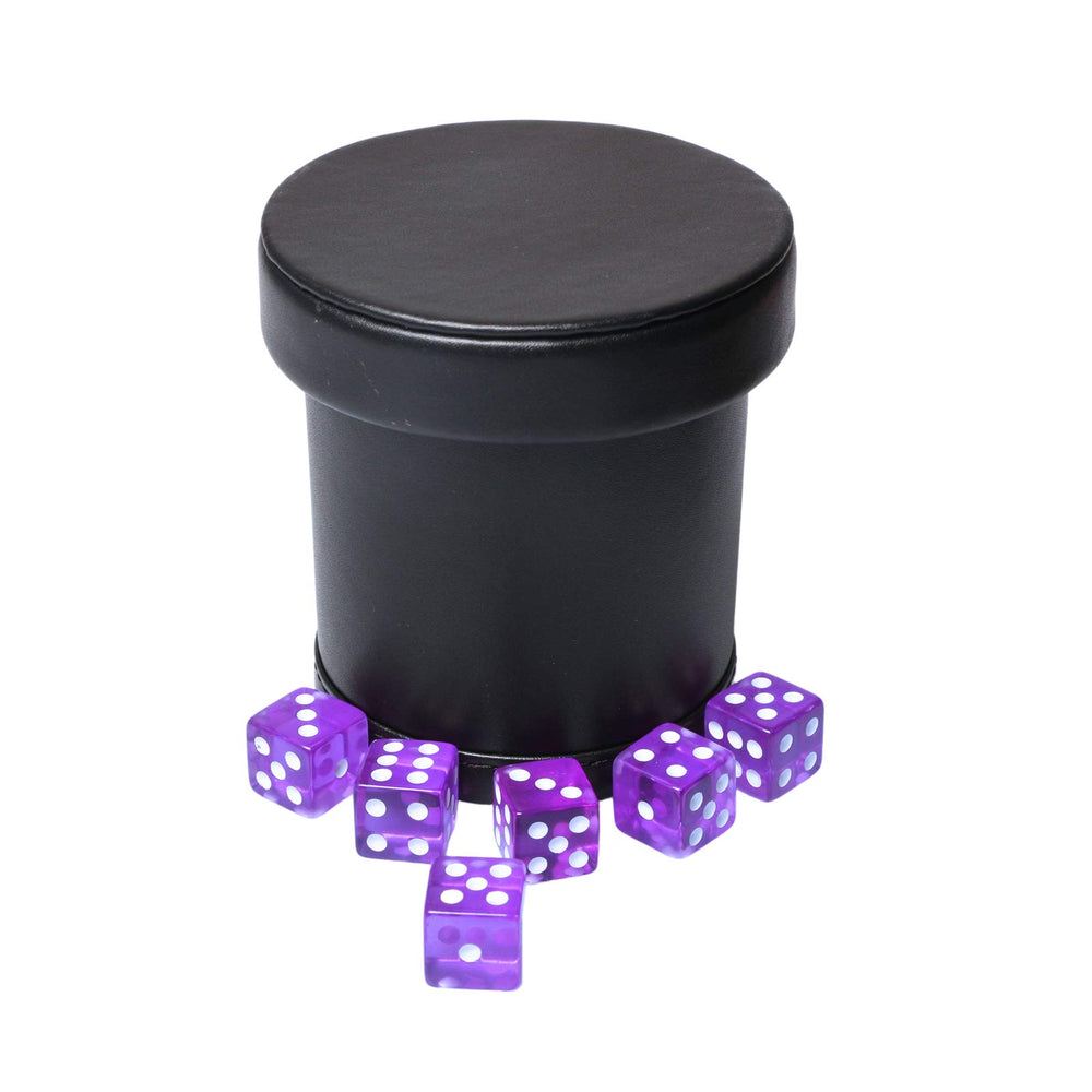 Side profile of RERIVER leather dice cup with lid and purple finish