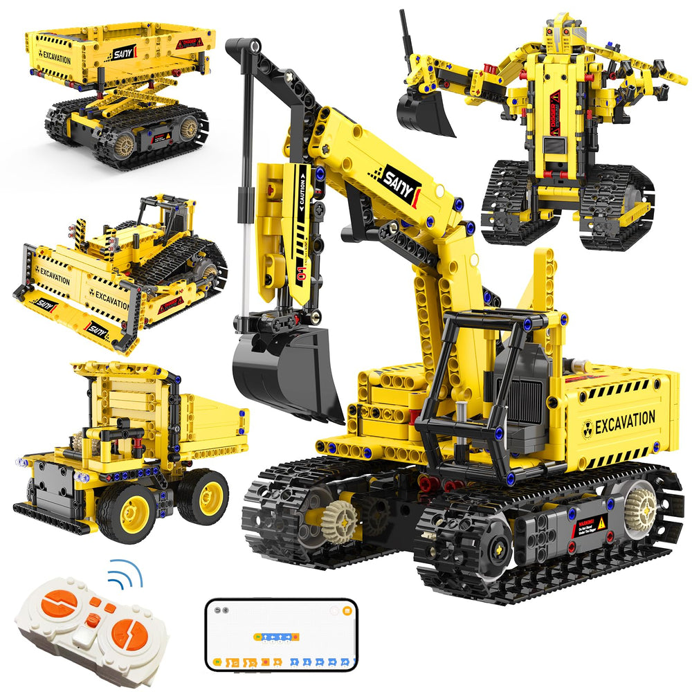 Resosese 5-in-1 RC excavator front view shows sturdy construction and realistic digging action.