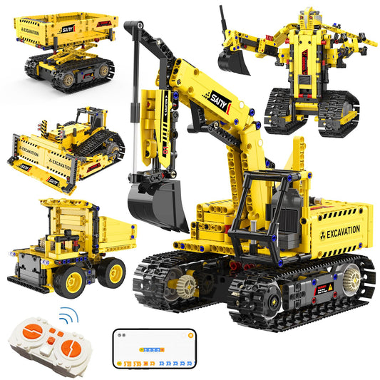 Resosese 5-in-1 RC excavator front view shows sturdy construction and realistic digging action.