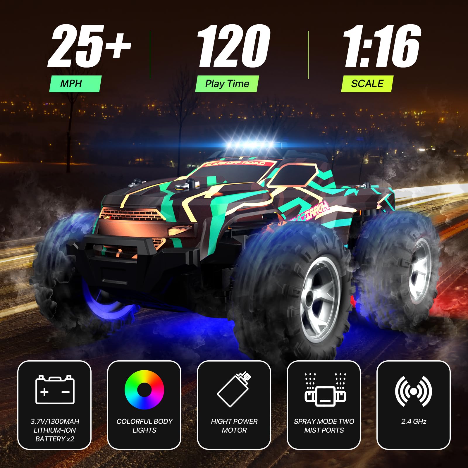 Resosese RC car showing vibrant LED lighting on body and chassis.
