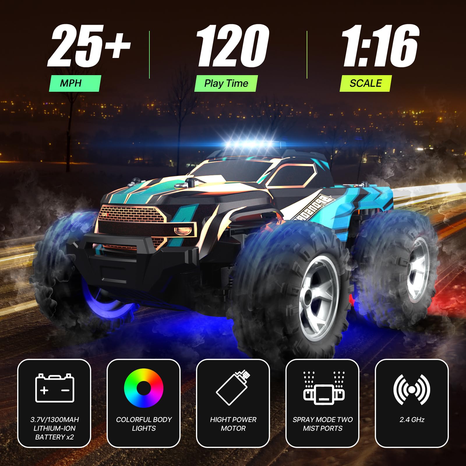 Resosese RC car side drift action on varied terrain.