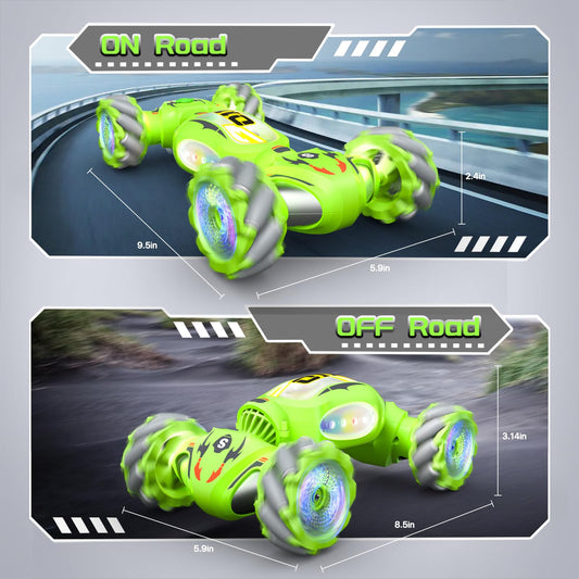 Resosese RC stunt car executing 360-degree flips for dynamic backyard races.