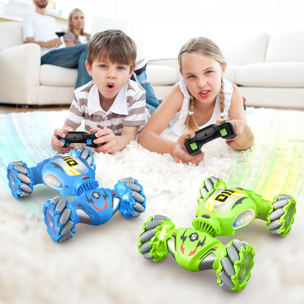 Resosese RC stunt car transparent body with colorful LEDs in motion for visual appeal.