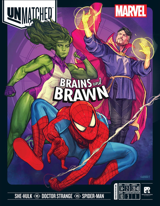 Restoration Games' Unmatched Marvel Brains and Brawn cover showcases strategic, cinematic combat for family game nights.