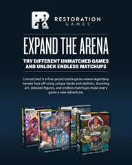 Restoration Games Unmatched 2-3 player box includes all pieces for quick sessions