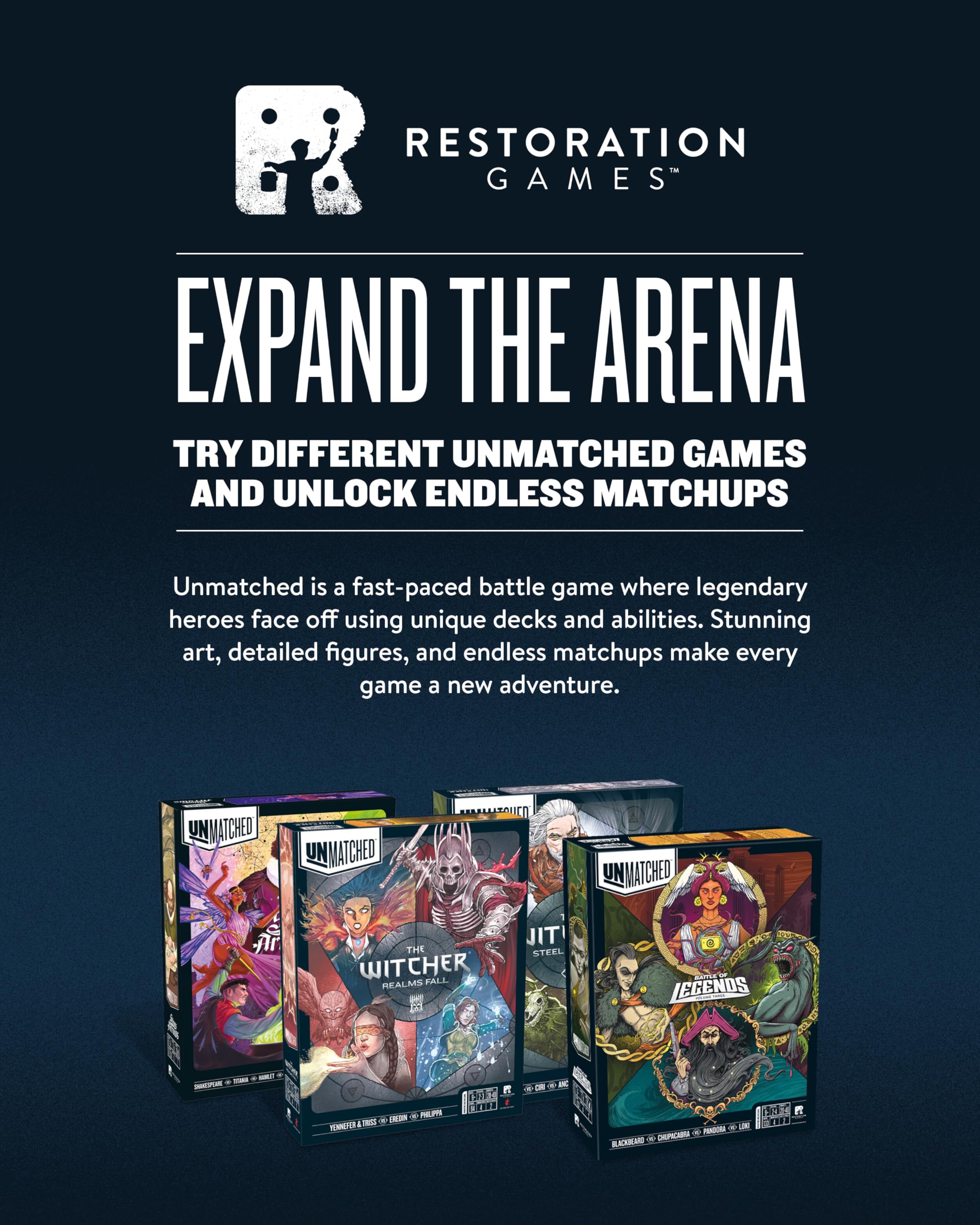 Restoration Games Unmatched Vol 3 box art showcasing the complete set.