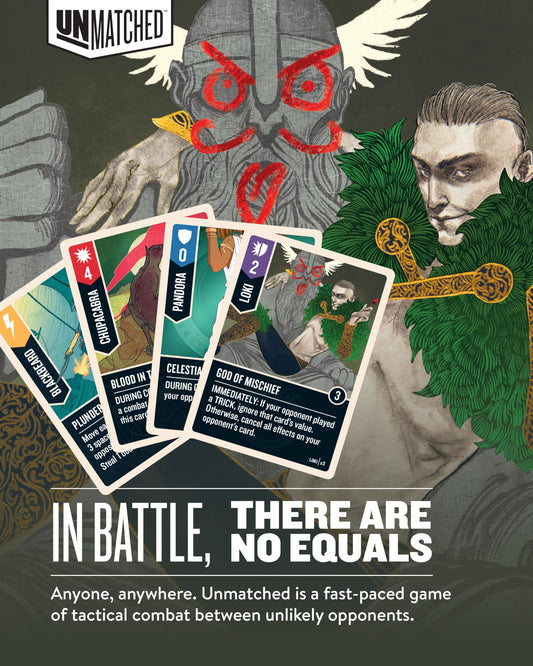 Restoration Games Unmatched Vol 3 Loki hero miniature enabling misdirection and clever card play.