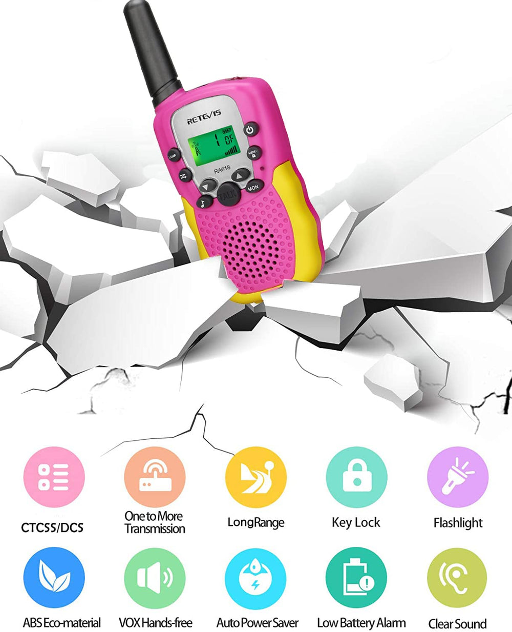 Retevis RA18 pink walkie talkie back view showing compact kid-friendly build.