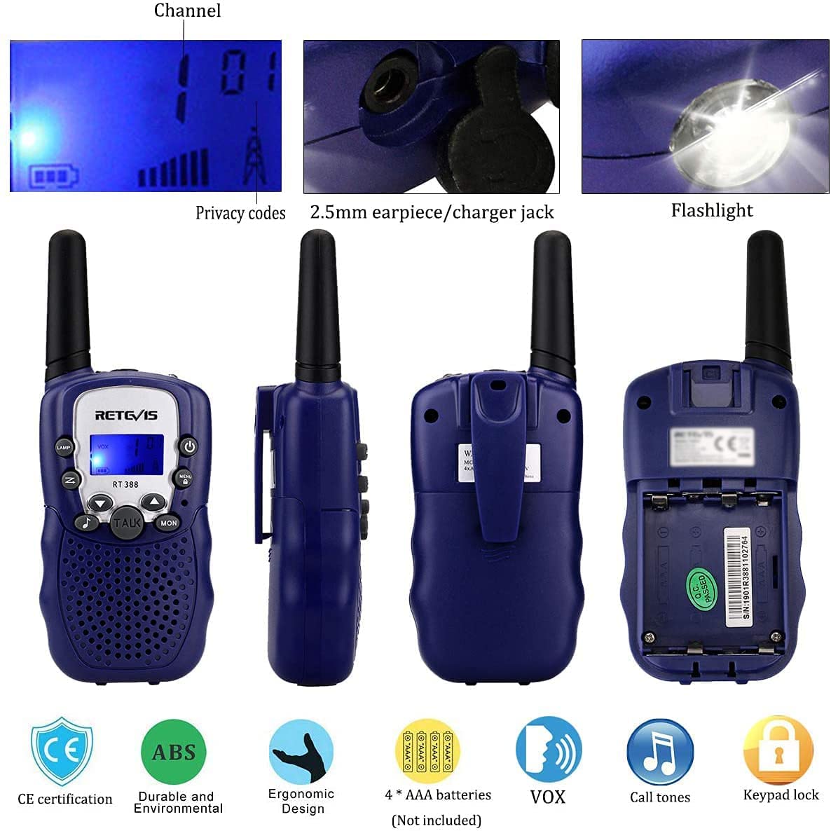Retevis RT388 built-in flashlight aids nighttime outdoor adventures
