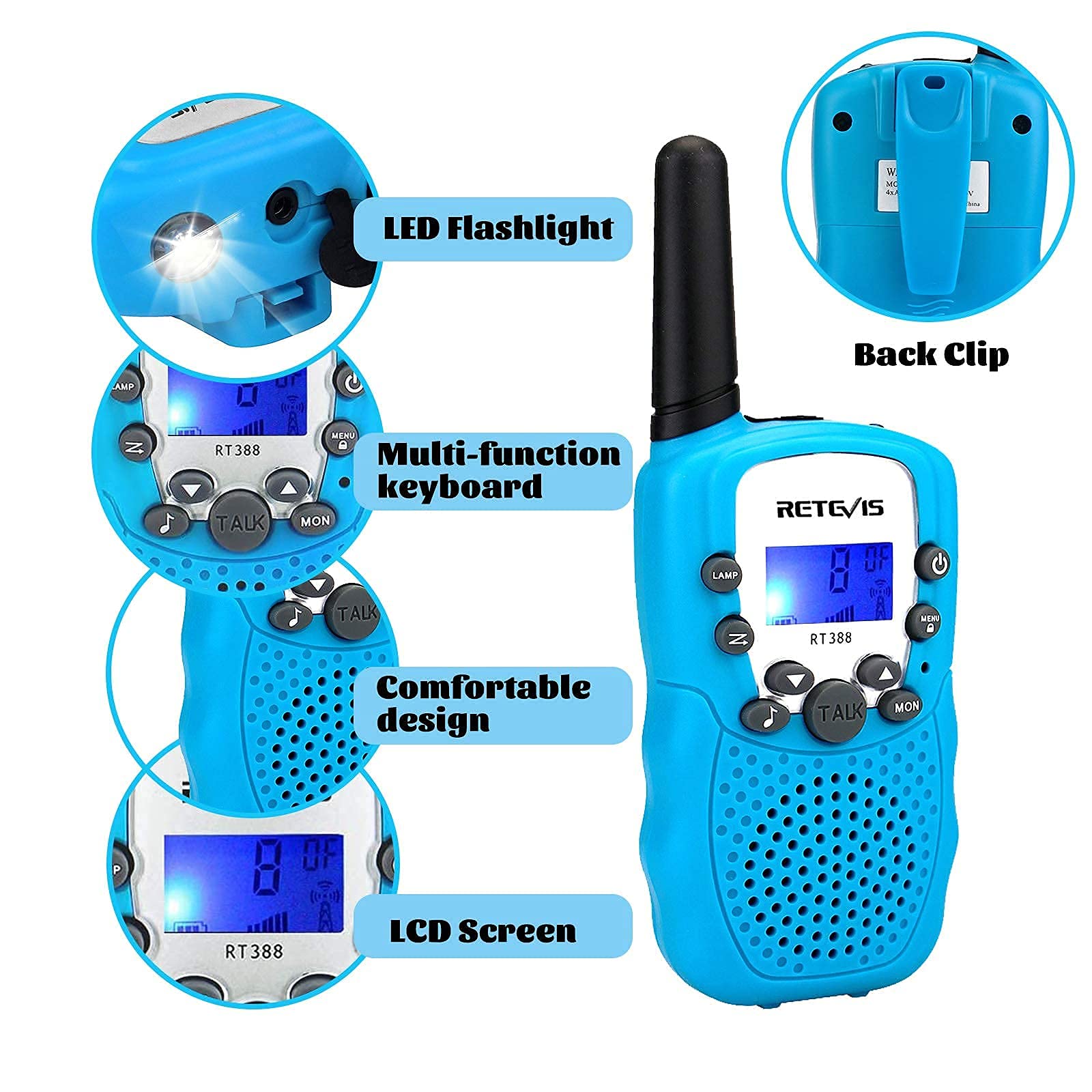 Retevis RT388 blue side view with durable belt clip for playtime