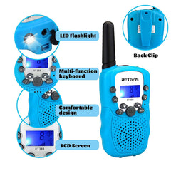 Retevis RT388 blue side view with durable belt clip for playtime