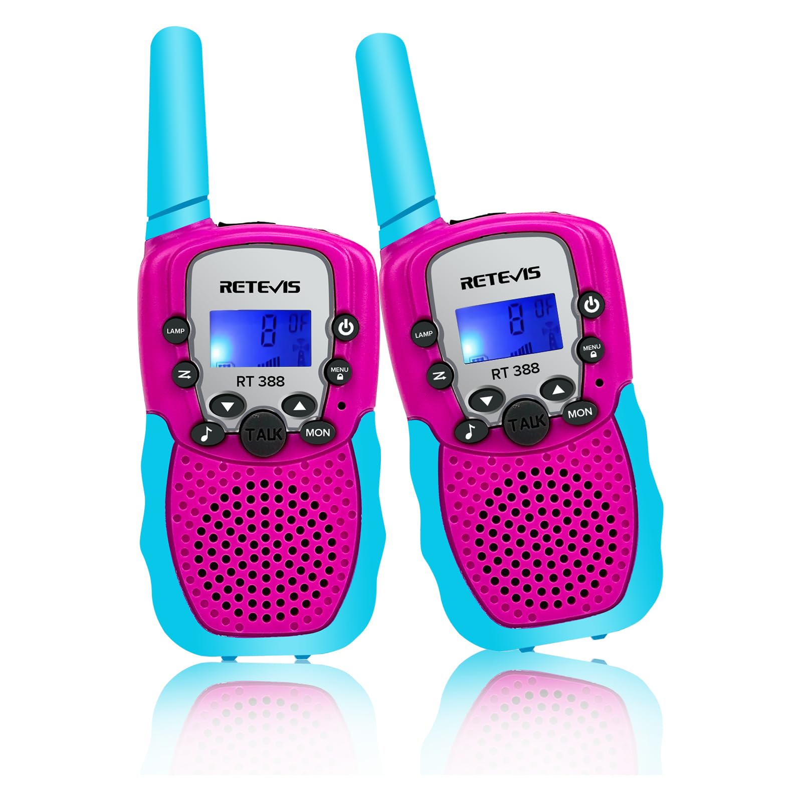 Retevis RT388 two-pack front view shows compact kid-friendly walkie talkies for outdoor play.