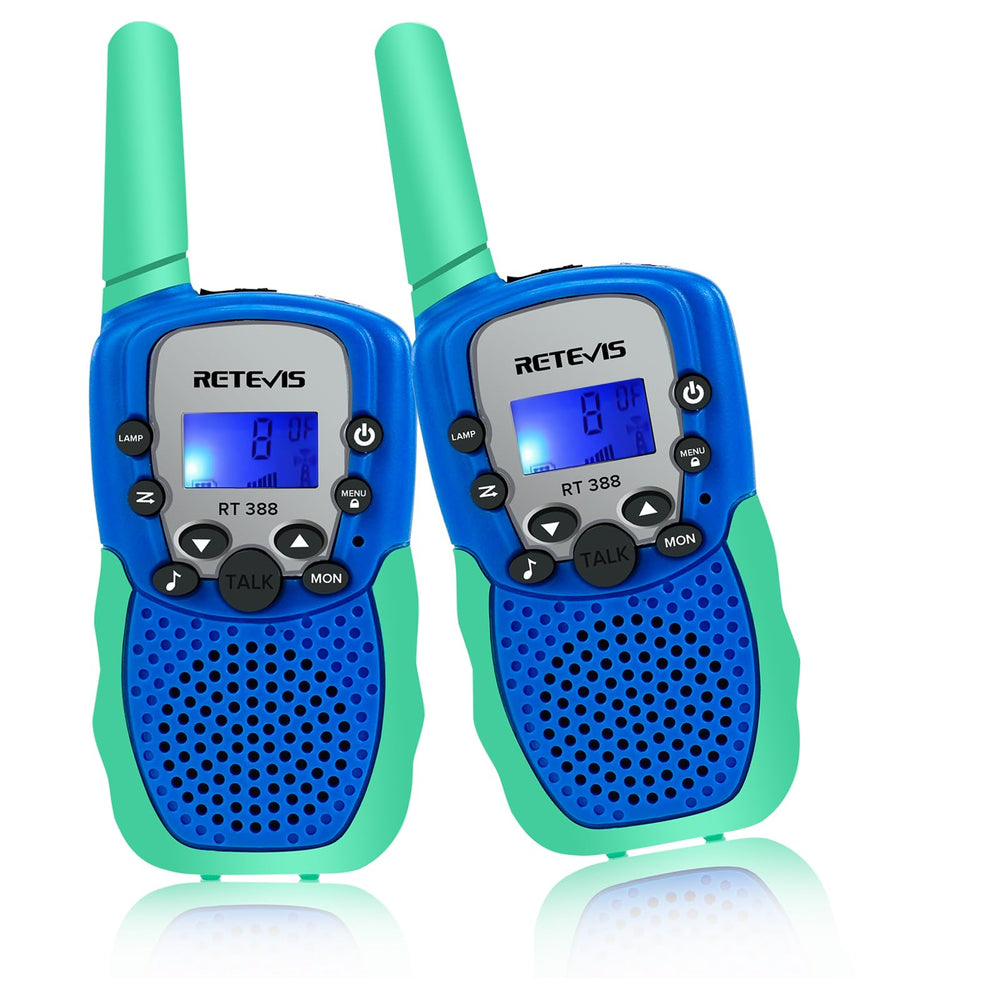 Retevis RT388 walkie talkie blue green front view for easy family communication