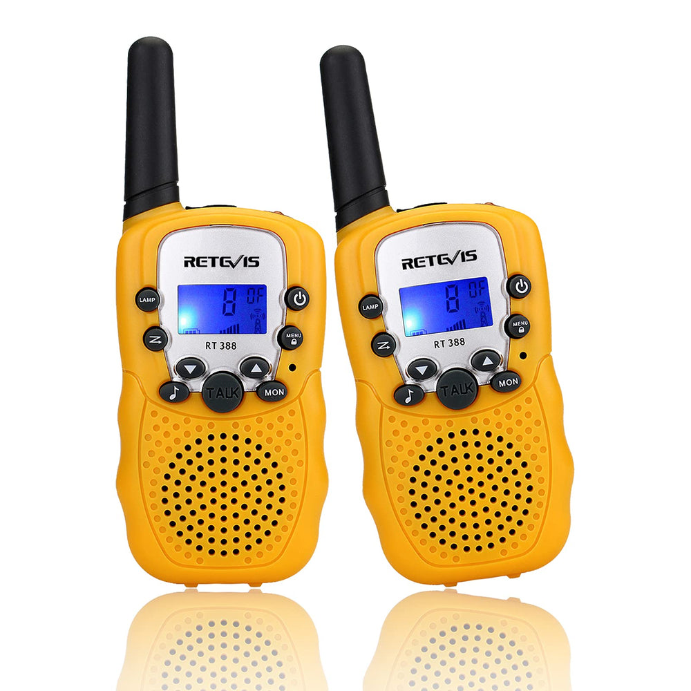 Retevis RT388 yellow pair for kids, easy multi-channel communication for outdoor play.