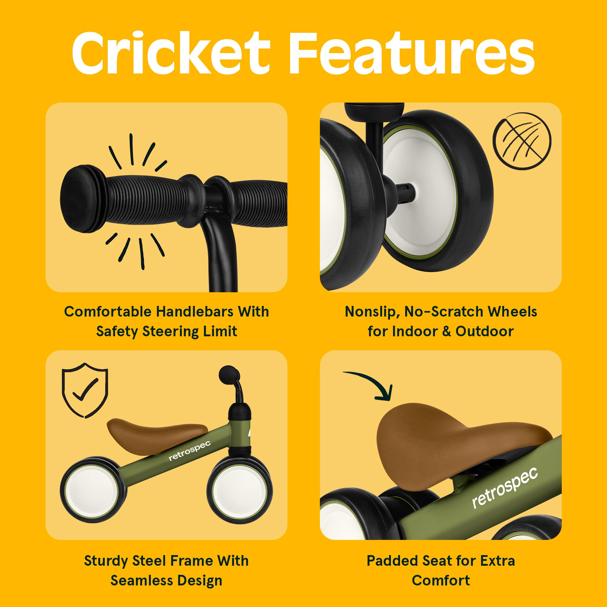 Retrospec Cricket closeup of quiet non-marking wheels protecting floors and providing grip