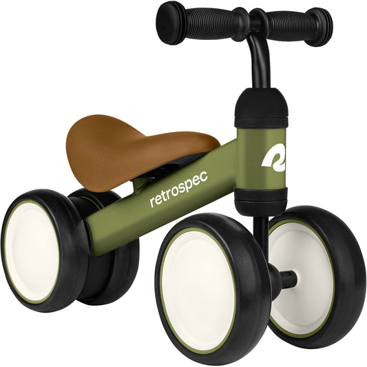 Retrospec Cricket front profile showing stable four-wheel design and low seat for safe riding