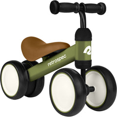 Retrospec Cricket front profile showing stable four-wheel design and low seat for safe riding
