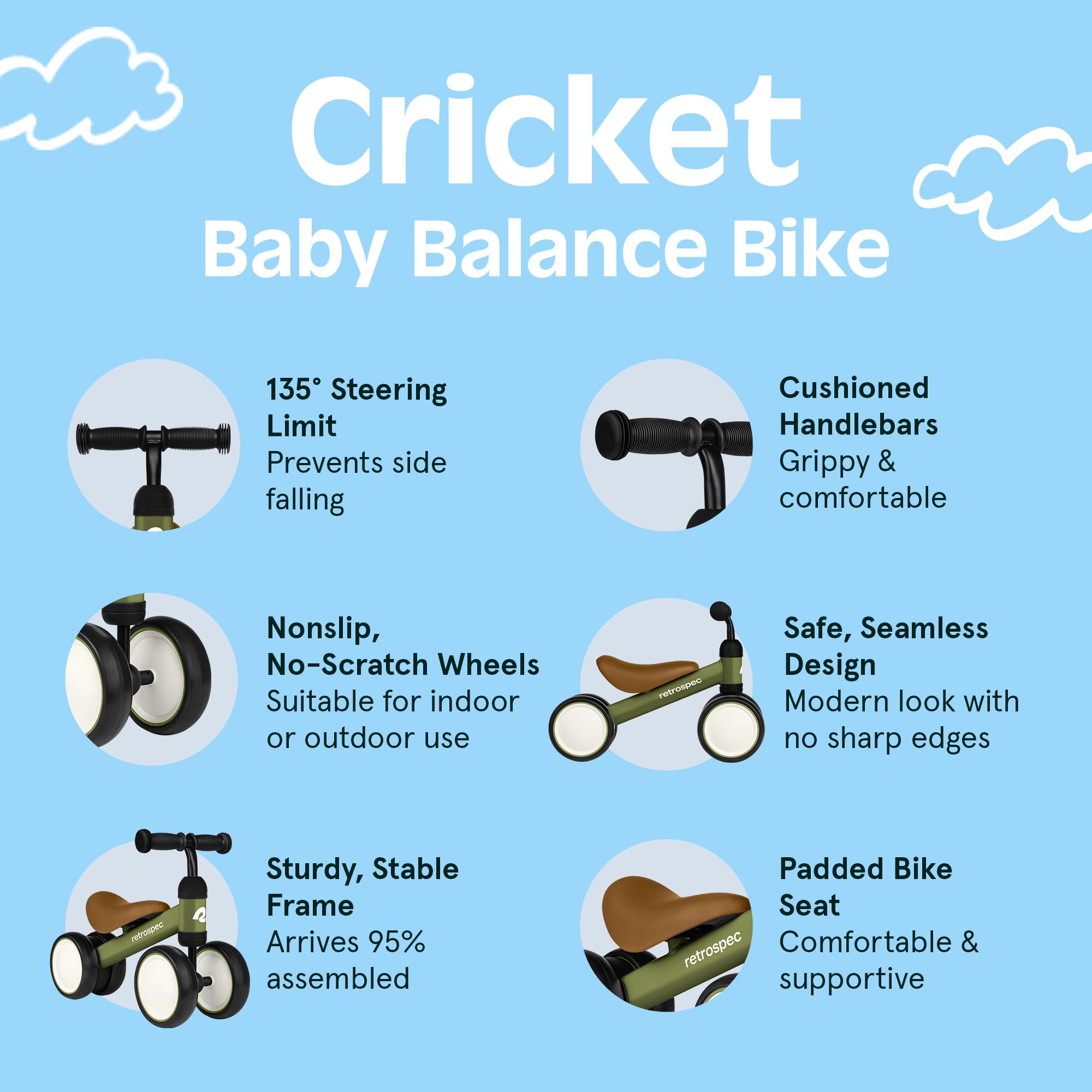 Retrospec Cricket cushioned seat and soft handlebars detail for toddler comfort and control
