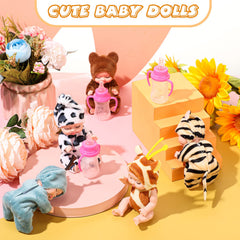 Retrowavy mini baby doll in brown bear clothes evokes comforting, gentle play