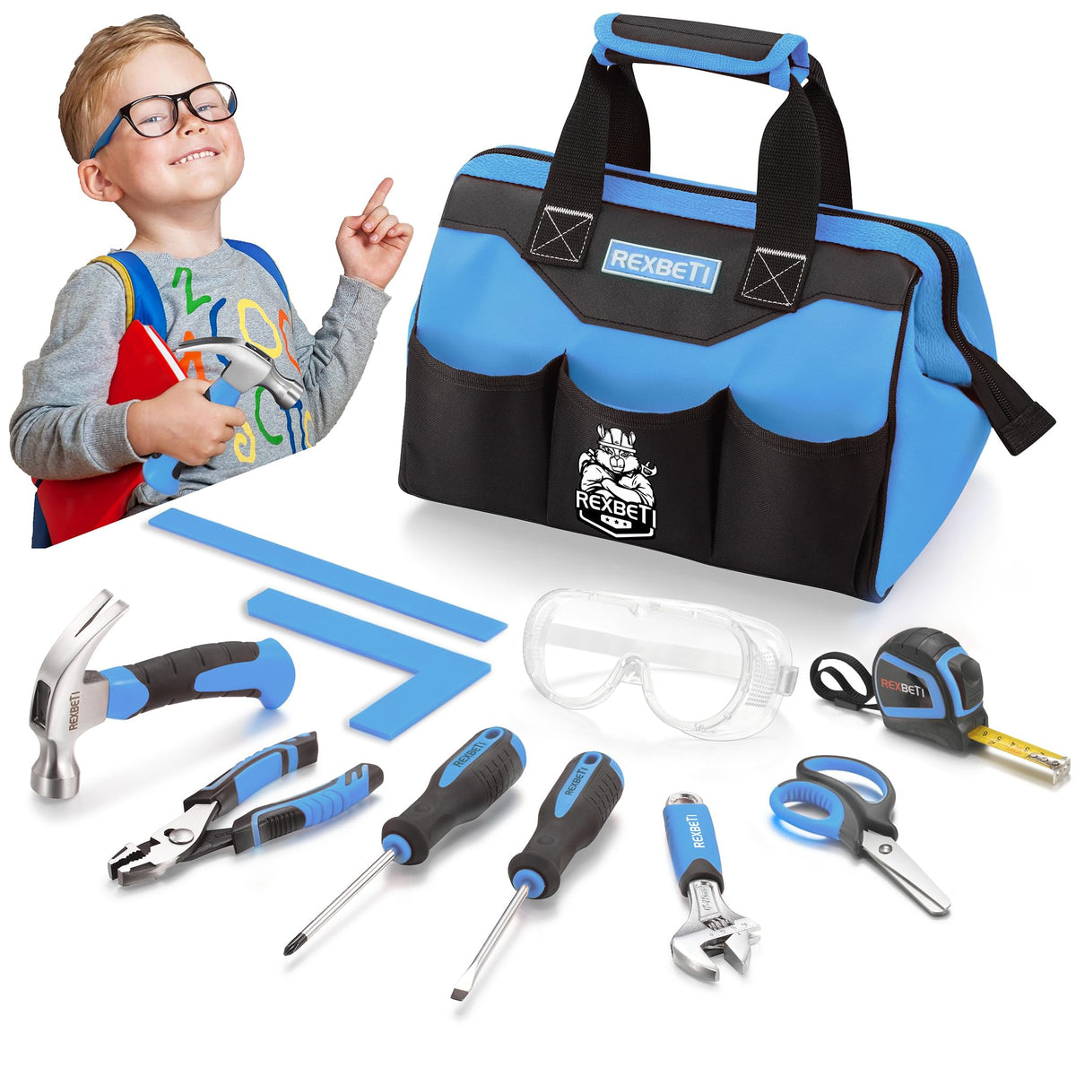 REXBETI 10-piece kids tool set with a sturdy blue bag for easy transport.