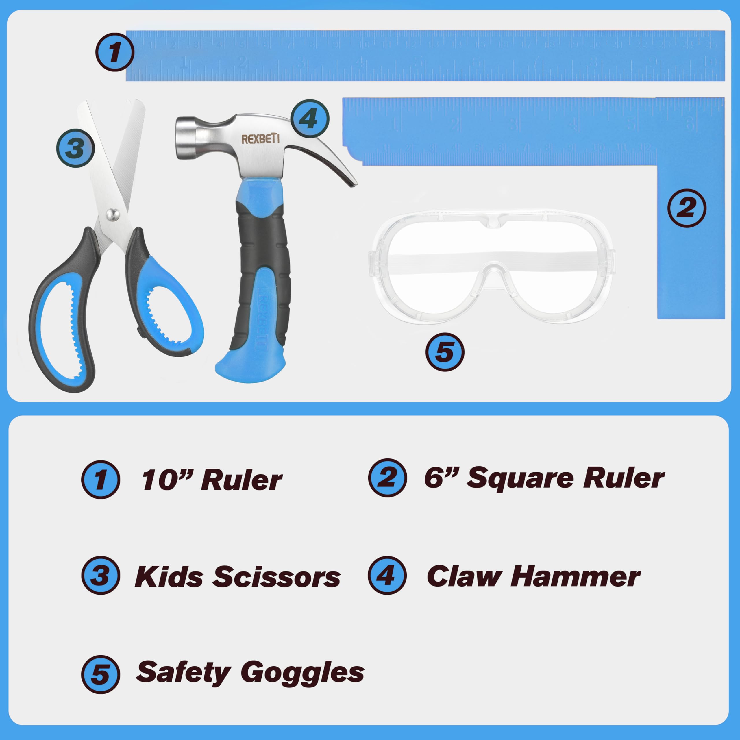 REXBETI kid-friendly tools stored in a durable blue storage bag.