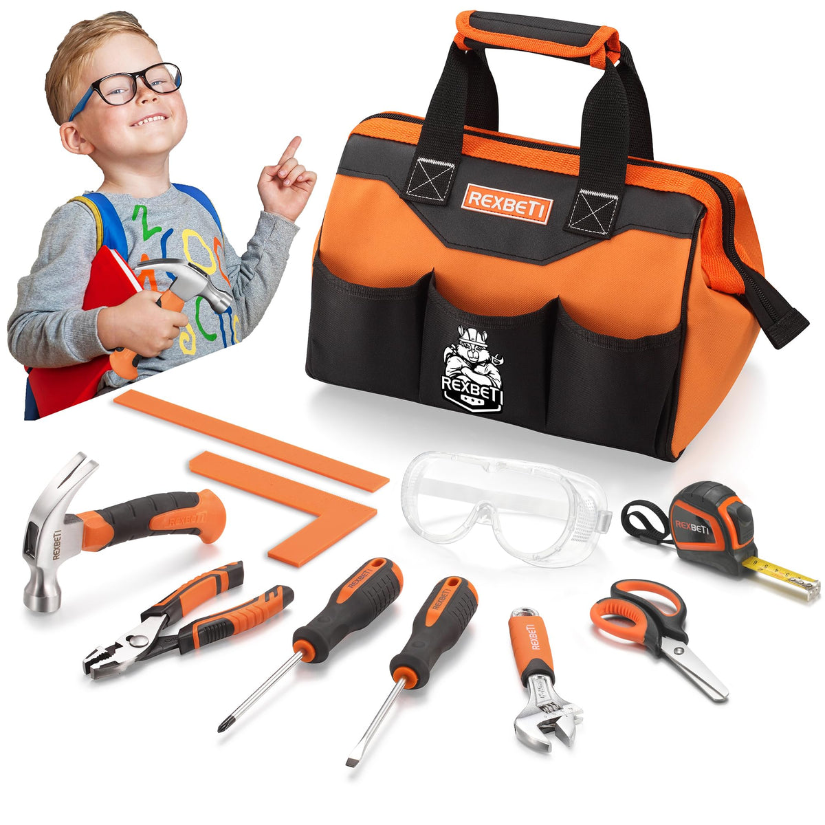 REXBETI kids tool set in orange bag for organized DIY projects