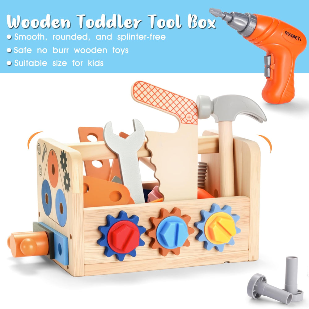 REXBETI wooden tool storage box keeps parts organized after play