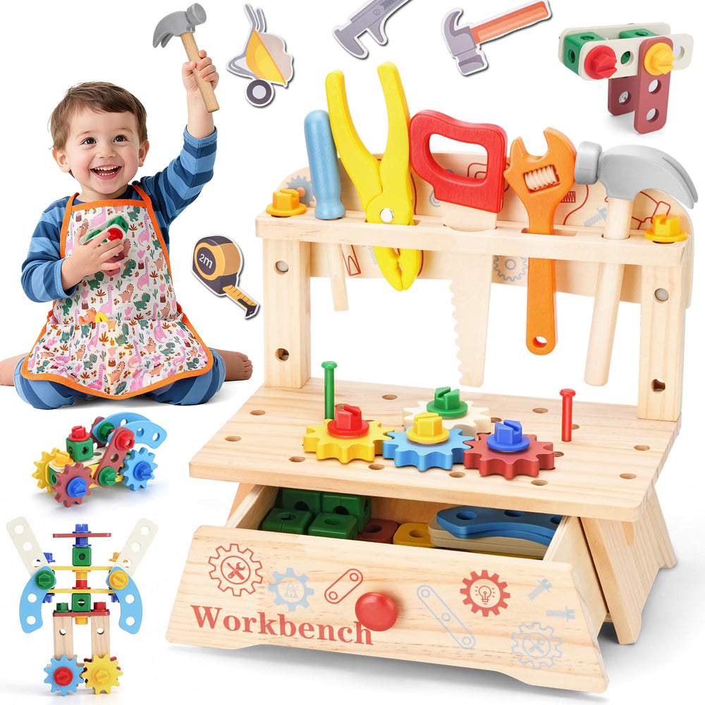 REXBETI wooden kids tool bench promotes safe pretend play and early construction skills.