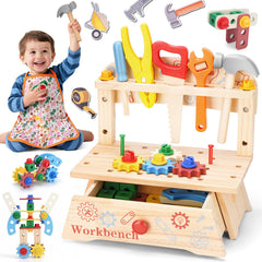 REXBETI wooden kids tool bench promotes safe pretend play and early construction skills.