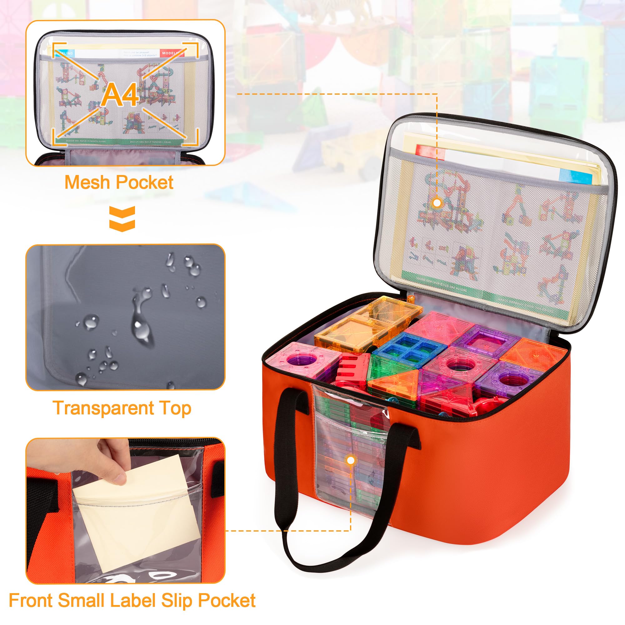 Rexmica bag with transparent pocket for labeling toys quickly.